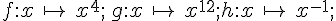 f:x\,\mapsto \,x^4;\,g:x\,\mapsto \,x^{12};h:x\,\mapsto \,x^{-1};