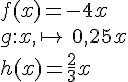 f(x)=-4x\\g:x,\mapsto  \,0,25x\\h(x)=\frac{2}{3}x