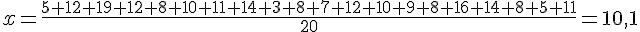 x=\frac{5+12+19+12+8+10+11+14+3+8+7+12+10+9+8+16+14+8+5+11}{20}=10,1