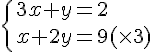 \{ 3x+y=2\\x+2y=9(\times 3) .