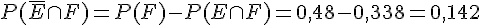 P(\overline{E }\cap F) = P(F) - P(E \cap F) = 0,48 - 0,338 = 0,142