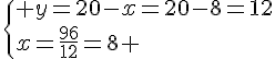 \{ y=20-x=20-8=12\\x=\frac{96}{12}=8 .