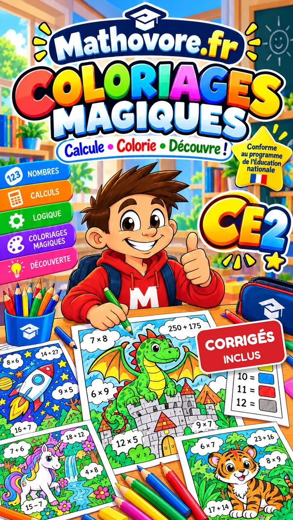 Couverture du livre Mathovore « Coloriages magiques CE2 » en PDF