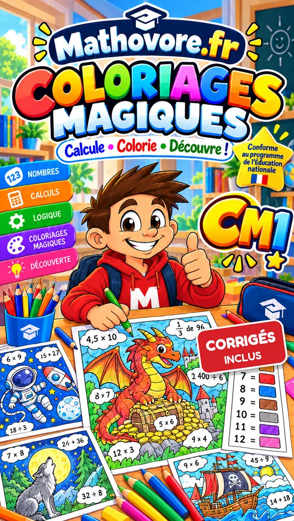 Couverture du livre Mathovore « Coloriages magiques CM1 » en PDF