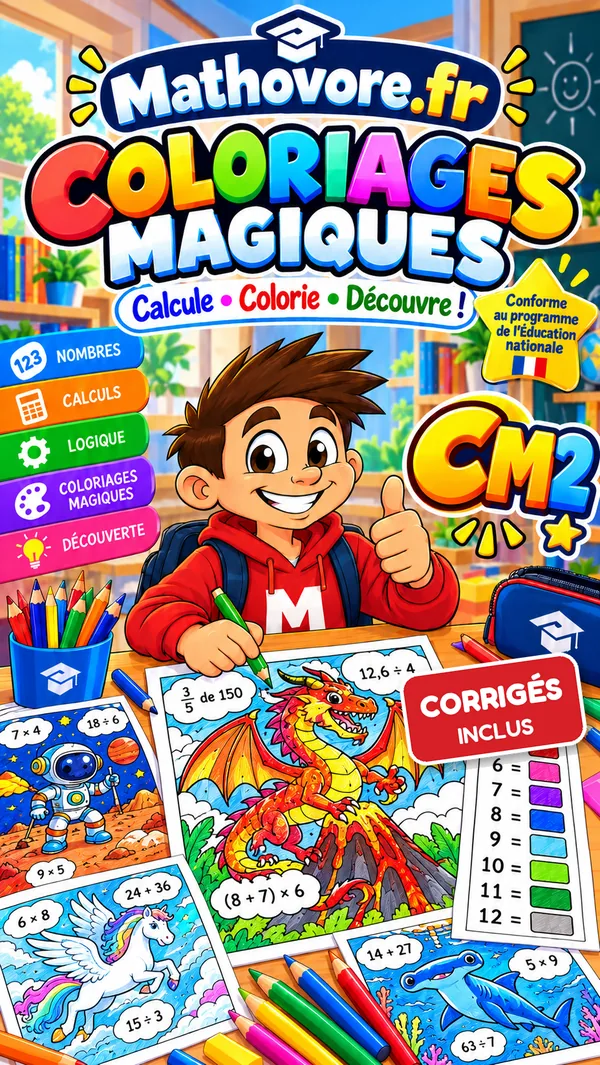 Couverture du livre Mathovore « Coloriages magiques CM2 » en PDF