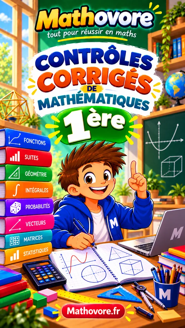 Couverture illustrée du livre Mathovore de contrôles corrigés de mathématiques pour la première spécialité