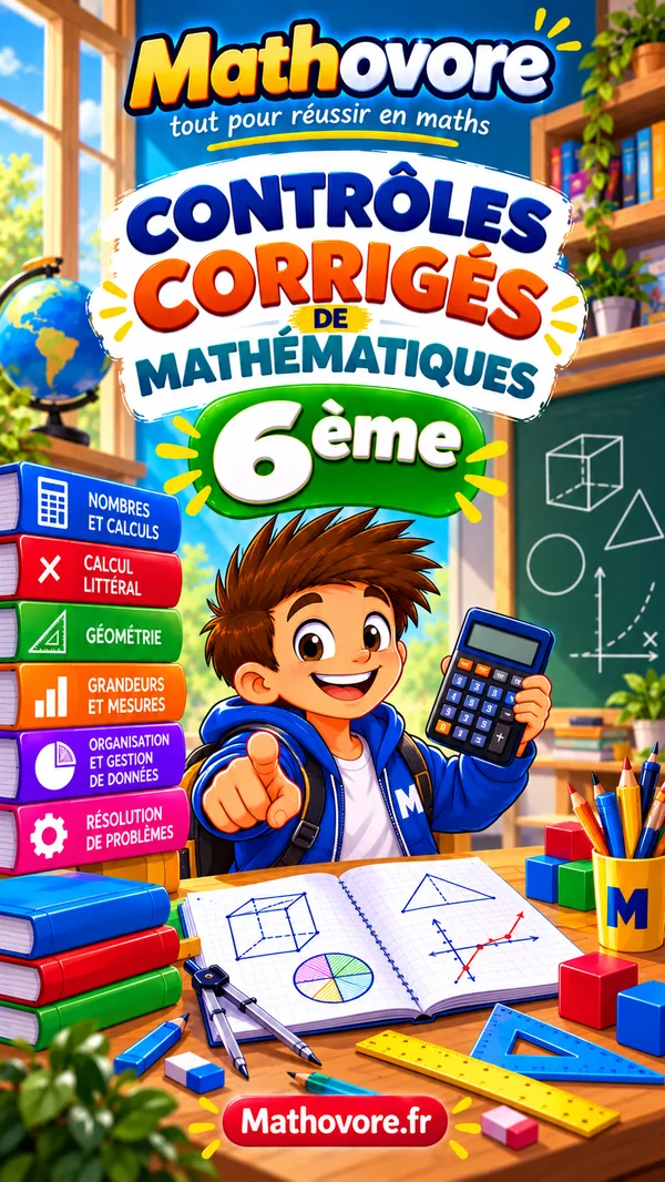 Couverture illustrée du recueil Mathovore de 25 contrôles corrigés de mathématiques en sixième
