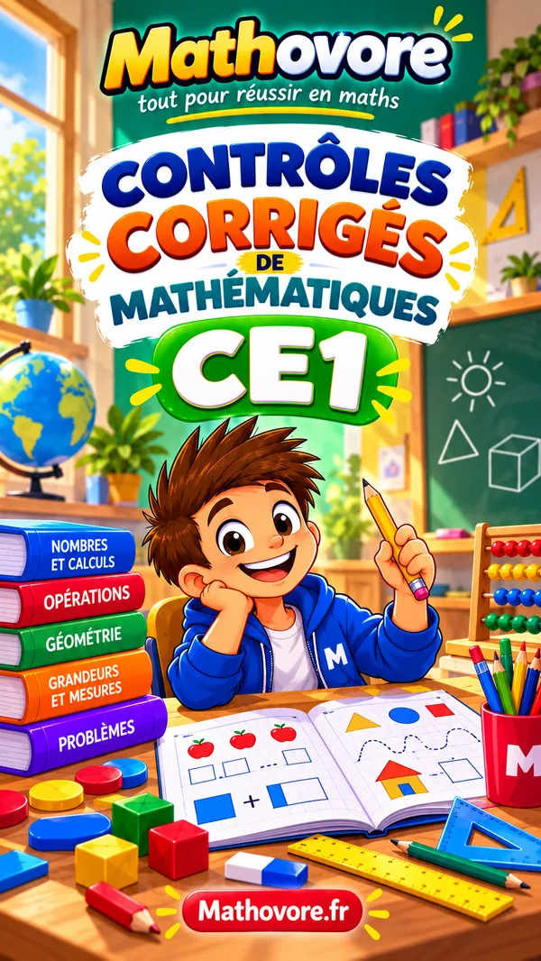 Couverture du livre de contrôles corrigés CE1 de Mathovore, vingt-cinq évaluations de mathématiques avec corrections