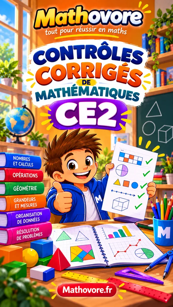 Couverture du livre Mathovore de contrôles corrigés pour le CE2, avec 25 devoirs notés sur 20