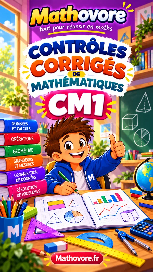 Image de couverture : contrôles corrigés CM1 par Mathovore, vingt-cinq devoirs de cycle 3 avec corrections
