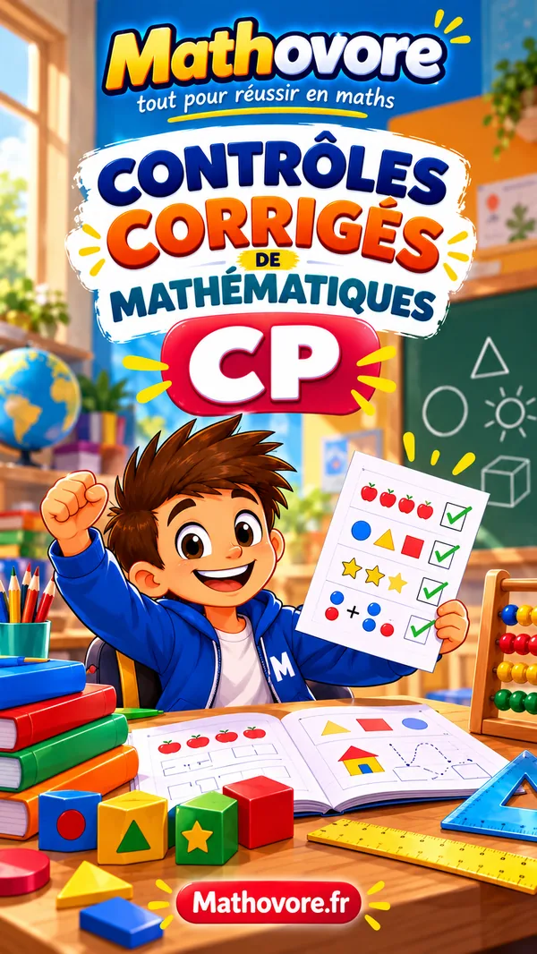 Couverture des contrôles corrigés CP de Mathovore, vingt-cinq devoirs pour le cours préparatoire