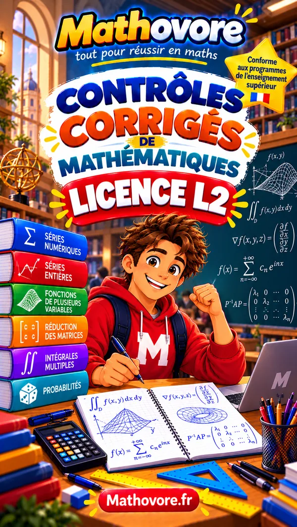 Jaquette illustrée des 25 devoirs corrigés Mathovore destinés aux étudiants de licence 2