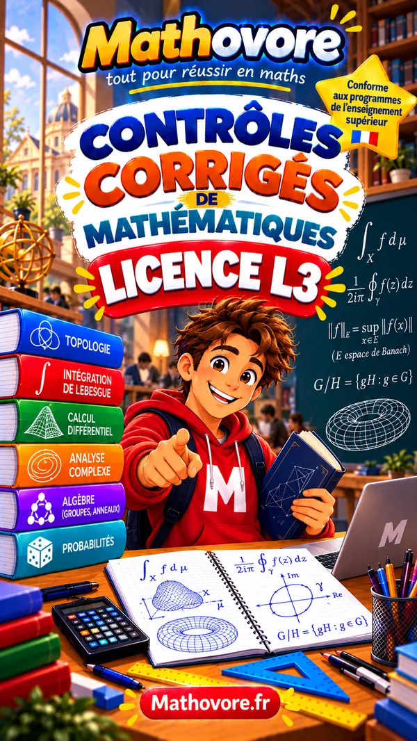 Couverture du livre Mathovore Contrôles corrigés de mathématiques L3, vingt-cinq devoirs de licence