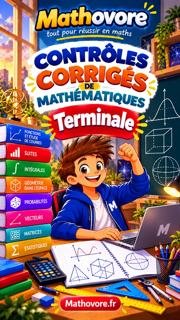 Couverture du livre Mathovore réunissant 25 contrôles corrigés de mathématiques pour la Terminale spécialité
