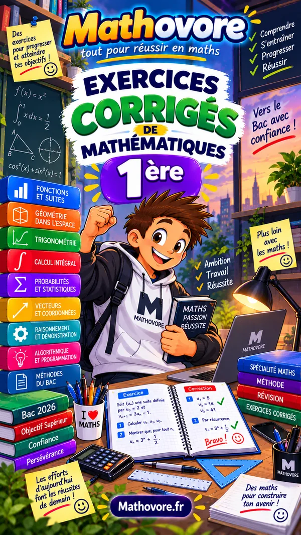 Couverture du recueil Mathovore « Exercices corrigés de mathématiques 1re », exercices avec corrigés en PDF