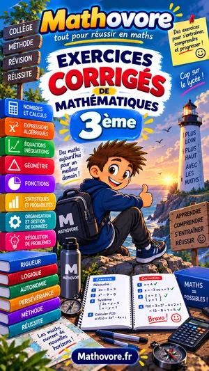 Couverture du recueil Mathovore « Exercices corrigés de mathématiques 3e », exercices avec corrigés en PDF