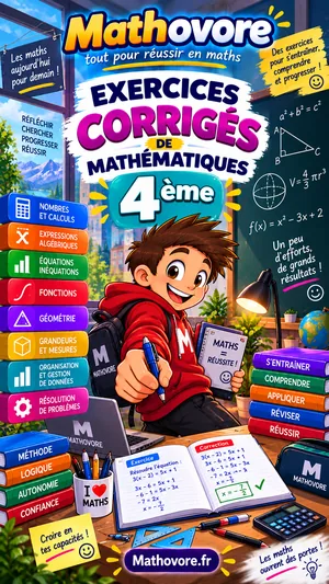 Couverture du recueil Mathovore « Exercices corrigés de mathématiques 4e », exercices avec corrigés en PDF