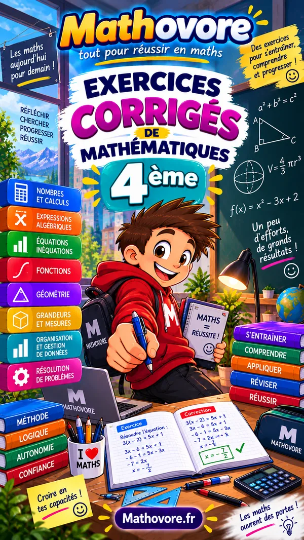Couverture du recueil Mathovore « Exercices corrigés de mathématiques 4e », exercices avec corrigés en PDF