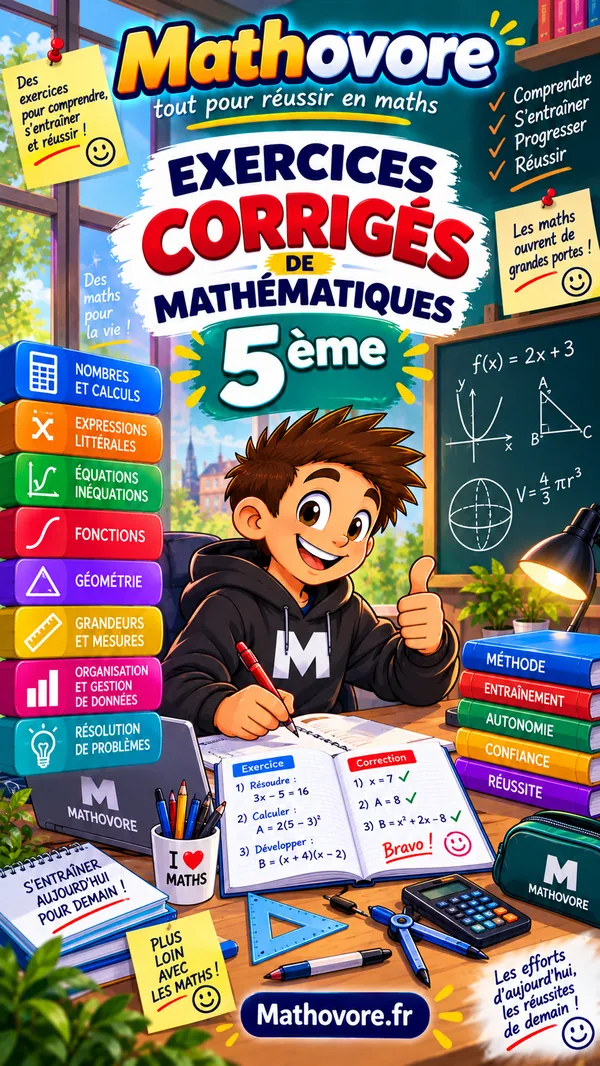 Couverture du recueil Mathovore « Exercices corrigés de mathématiques 5e », exercices avec corrigés en PDF