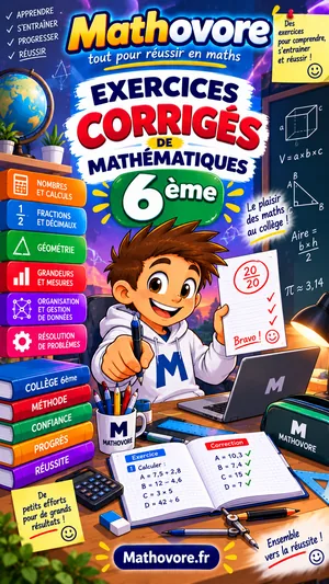 Couverture du recueil Mathovore « Exercices corrigés de mathématiques 6e », exercices avec corrigés en PDF