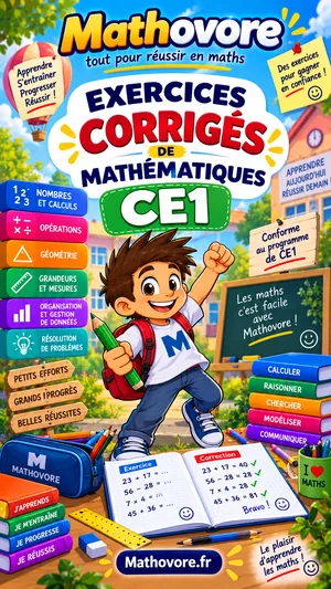 Couverture du recueil Mathovore « Exercices corrigés de mathématiques CE1 », exercices avec corrigés en PDF