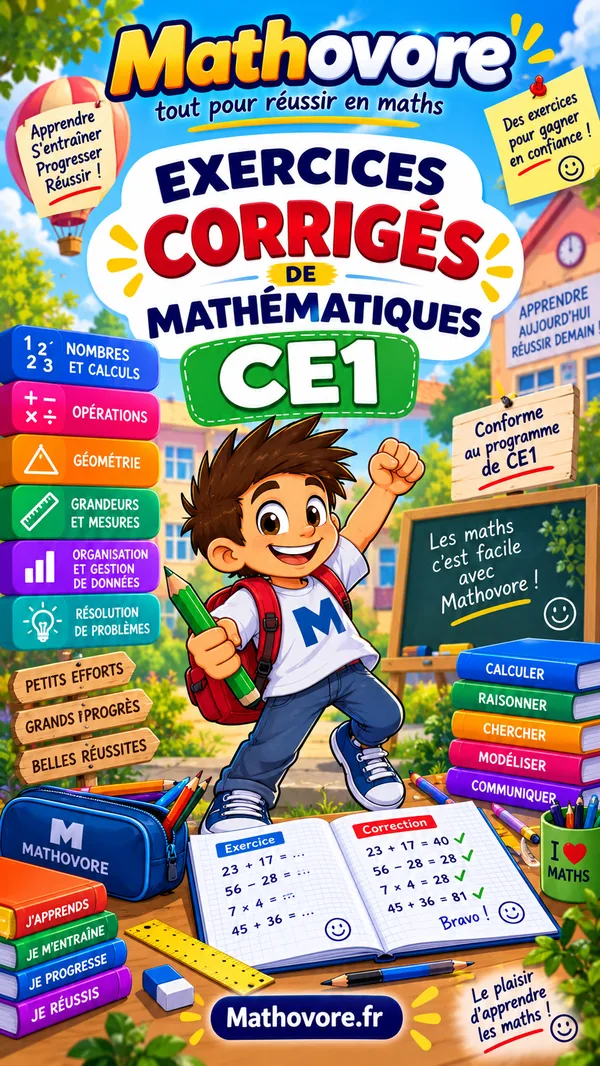 Couverture du recueil Mathovore « Exercices corrigés de mathématiques CE1 », exercices avec corrigés en PDF