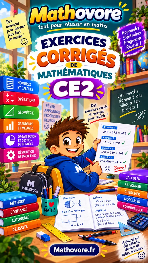Couverture du recueil Mathovore « Exercices corrigés de mathématiques CE2 », exercices avec corrigés en PDF