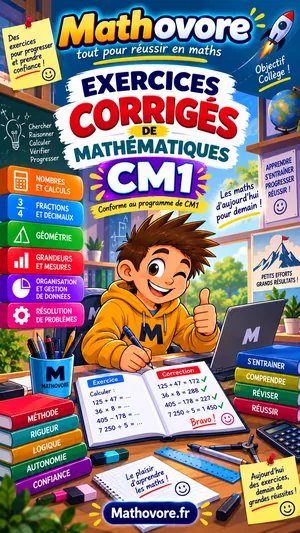Couverture du recueil Mathovore « Exercices corrigés de mathématiques CM1 », exercices avec corrigés en PDF