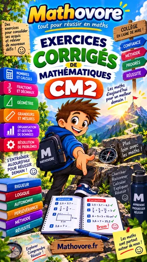 Couverture du recueil Mathovore « Exercices corrigés de mathématiques CM2 », exercices avec corrigés en PDF