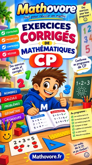 Couverture du recueil Mathovore « Exercices corrigés de mathématiques CP », exercices avec corrigés en PDF