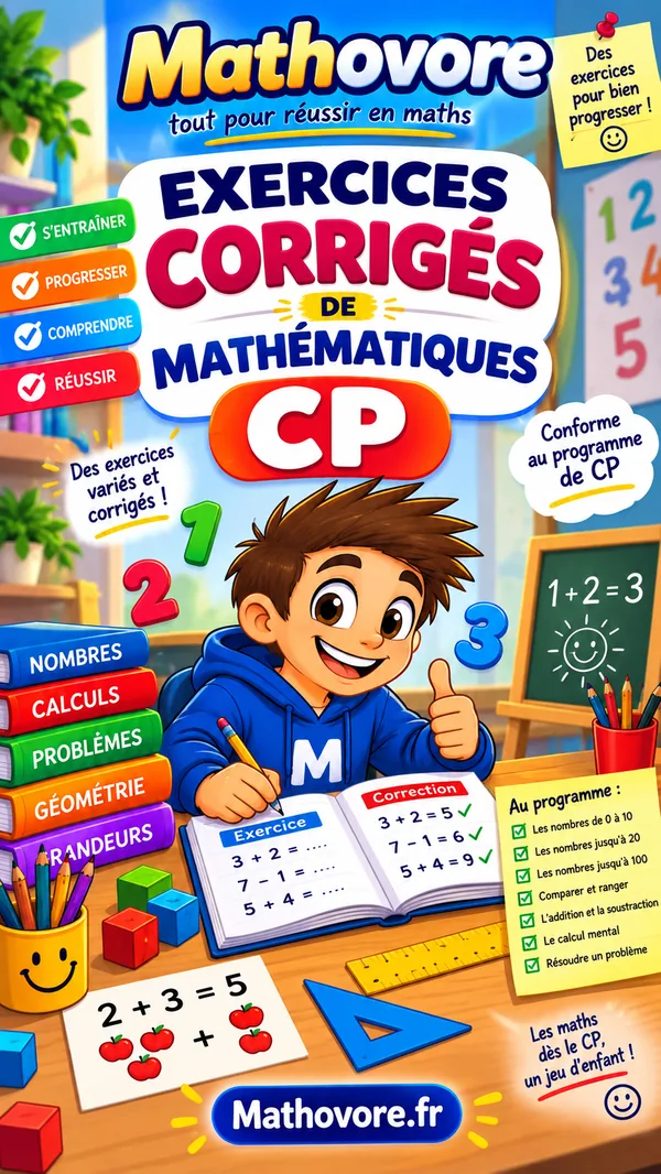 Couverture du recueil Mathovore « Exercices corrigés de mathématiques CP », exercices avec corrigés en PDF