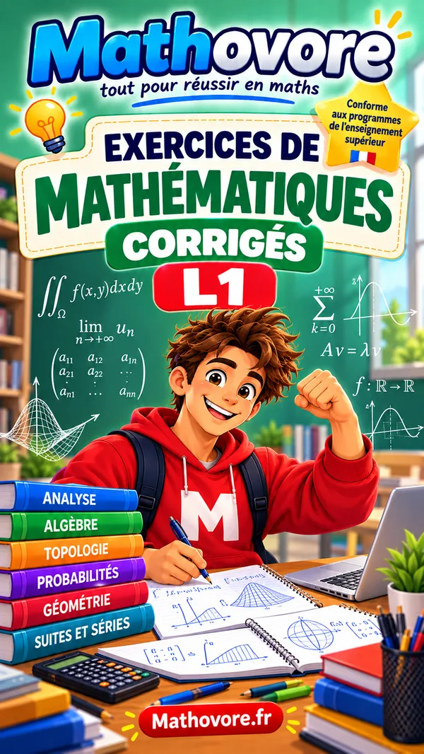 Jaquette du recueil d'exercices résolus Mathovore pour la licence de mathématiques, niveau L1