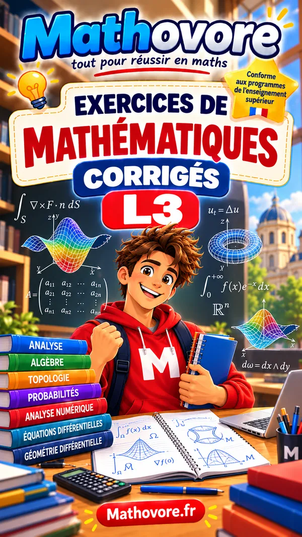 Couverture du livre Mathovore Exercices corrigés de mathématiques L3, licence de mathématiques troisième année