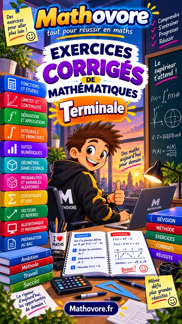 Couverture du recueil Mathovore « Exercices corrigés de mathématiques Terminale », exercices avec corrigés en PDF