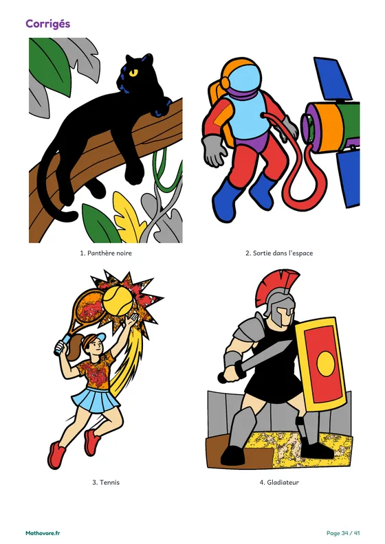 Page 34 du livre Mathovore « Coloriages magiques 5e » : les corrigés en couleur