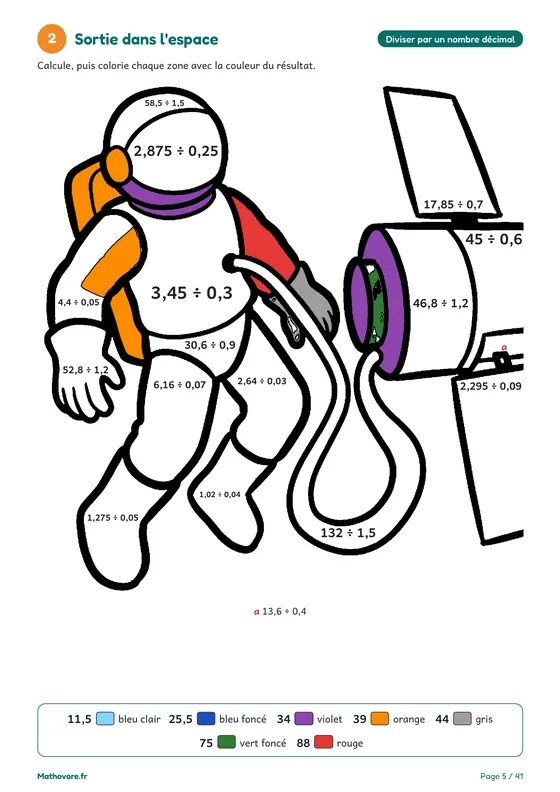 Page 5 du livre Mathovore « Coloriages magiques 5e » : le coloriage n° 2, Sortie dans l'espace