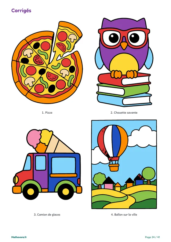 Page 34 du livre Mathovore « Coloriages magiques CE2 » : les corrigés en couleur
