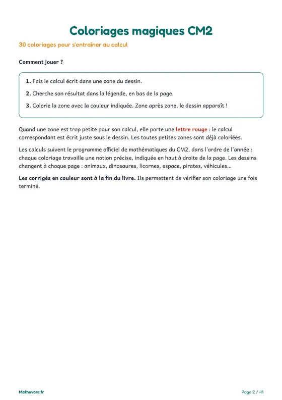 Page 2 du livre Mathovore « Coloriages magiques CM2 » : la règle du jeu