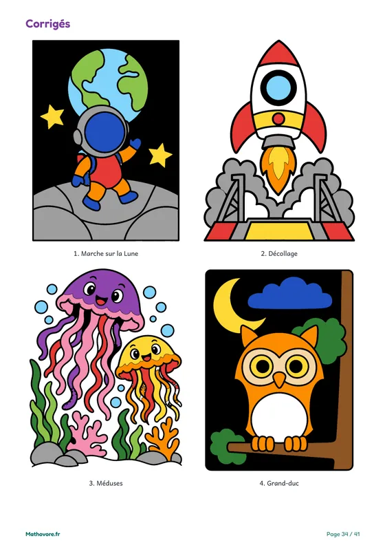 Page 34 du livre Mathovore « Coloriages magiques CM2 » : les corrigés en couleur