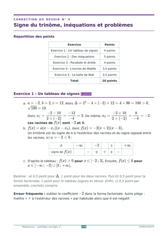 Page 106 du livre Mathovore « Contrôles corrigés de mathématiques 1re » : Correction n° 4 : Signe du trinôme, inéquations et problèmes