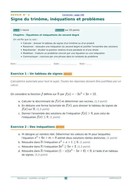 Page 15 du livre Mathovore « Contrôles corrigés de mathématiques 1re » : Devoir n° 4 : Signe du trinôme, inéquations et problèmes