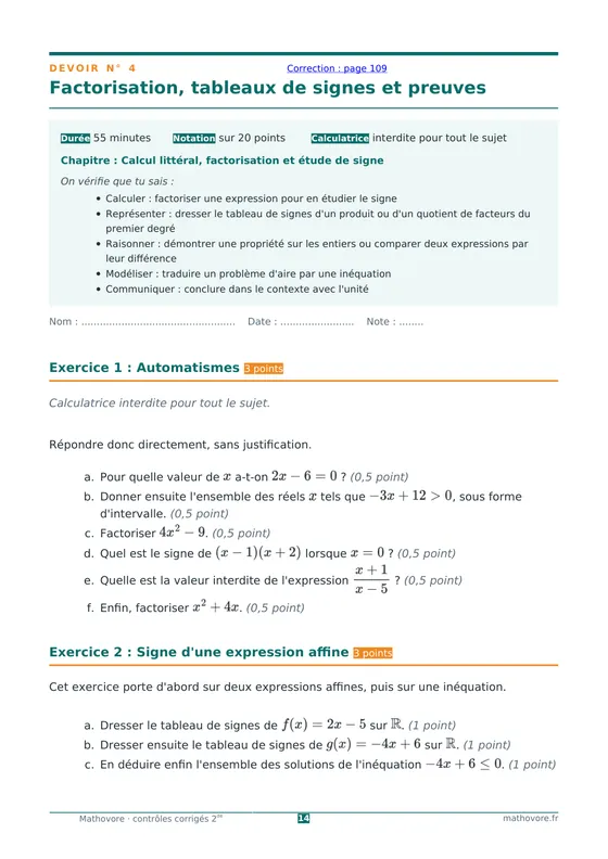 Page 14 du livre Mathovore « Contrôles corrigés de mathématiques 2de » : Devoir n° 4 : Factorisation, tableaux de signes et preuves