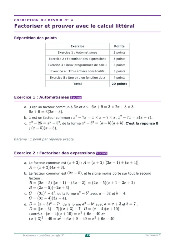 Page 115 du livre Mathovore « Contrôles corrigés de mathématiques 3e » : Correction n° 4 : Factoriser et prouver avec le calcul littéral