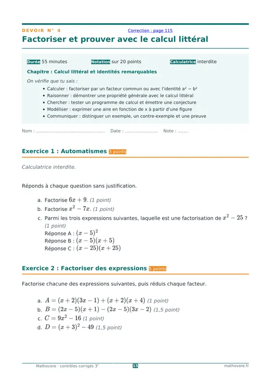 Page 15 du livre Mathovore « Contrôles corrigés de mathématiques 3e » : Devoir n° 4 : Factoriser et prouver avec le calcul littéral