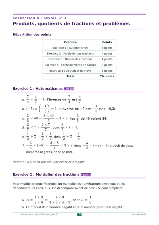 Page 105 du livre Mathovore « Contrôles corrigés de mathématiques 4e » : Correction n° 4 : Produits, quotients de fractions et problèmes