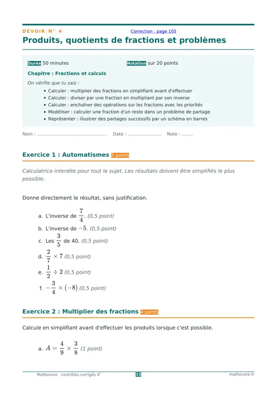 Page 15 du livre Mathovore « Contrôles corrigés de mathématiques 4e » : Devoir n° 4 : Produits, quotients de fractions et problèmes