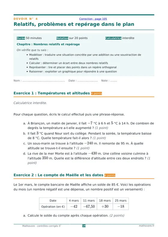 Page 14 du livre Mathovore « Contrôles corrigés de mathématiques 5e » : Devoir n° 4 : Relatifs, problèmes et repérage dans le plan