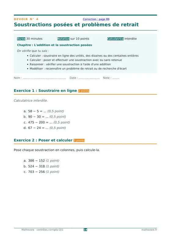 Page 14 du livre Mathovore « Contrôles corrigés de mathématiques CE1 » : Devoir n° 4 : Soustractions posées et problèmes de retrait