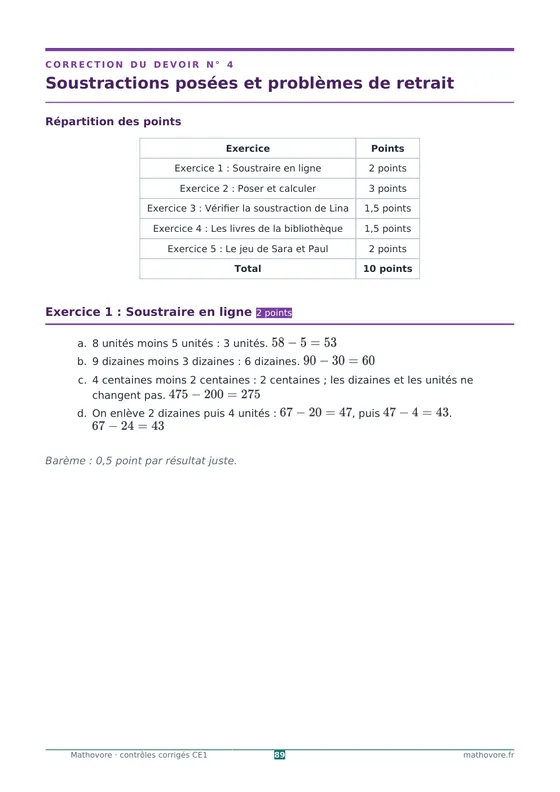 Page 89 du livre Mathovore « Contrôles corrigés de mathématiques CE1 » : Correction n° 4 : Soustractions posées et problèmes de retrait