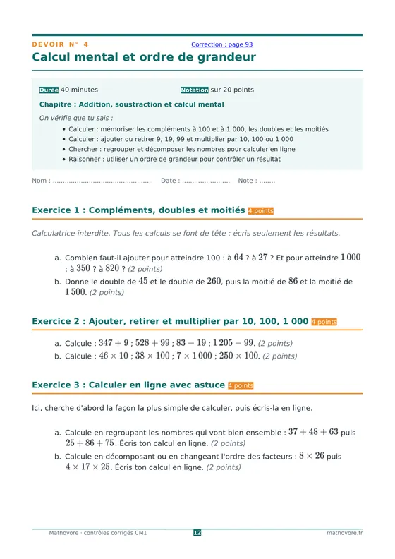 Page 12 du livre Mathovore « Contrôles corrigés de mathématiques CM1 » : Devoir n° 4 : Calcul mental et ordre de grandeur